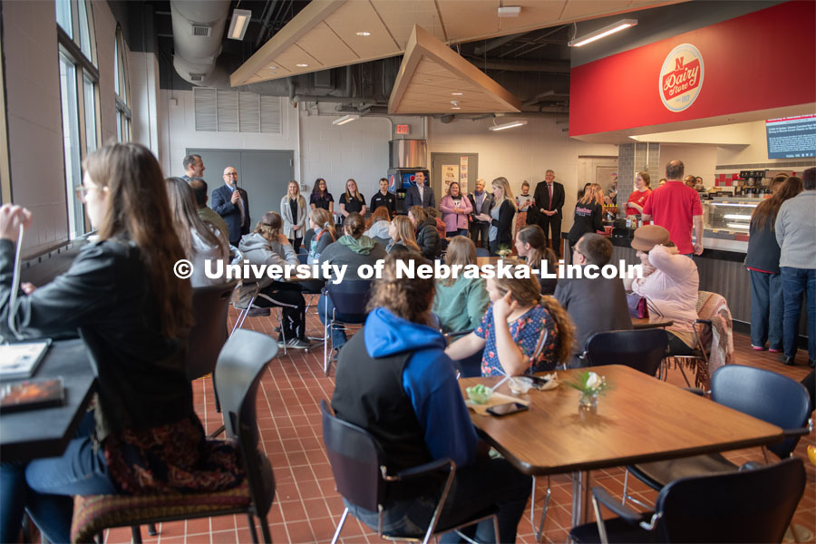 IANR Vice Chancellor, Michael Boehm, addresses the crowd at the ice cream social. CASNR Week Ice Cream Social, UNL Dairy Store Relocation Celebration. March 12, 2020. Photo by Gregory Nathan / University Communication.